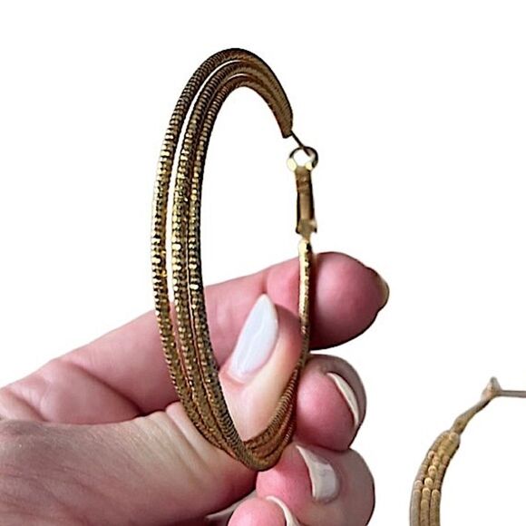 Gold tone 2.5” Textured Triple Layered Wire Twist Hoop Earrings - Picture 4 of 11
